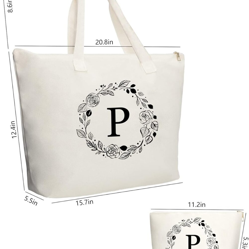 Personalized Initial Canvas Tote Bag With Zipper,… - image 3